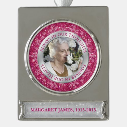 Memorial Photo Christmas Pink Silver Snowflake Silver Plated Banner Ornament