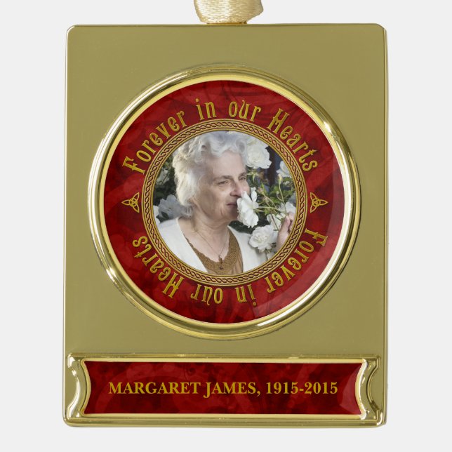 Memorial Photo Christmas Red Gold Celtic Knot Gold Plated Banner Ornament (Front)