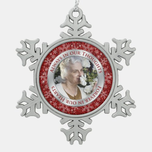 Memorial Photo Christmas Red Silver Snowflake Pewter Christmas Ornament