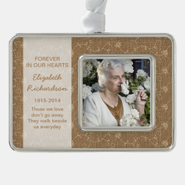 Memorial Photo Christmas Xmas Rustic Burlap Lace Ornament (Front)
