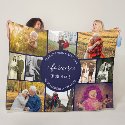 Memorial Photo Collage Forever in our Hearts Blue Fleece Blanket