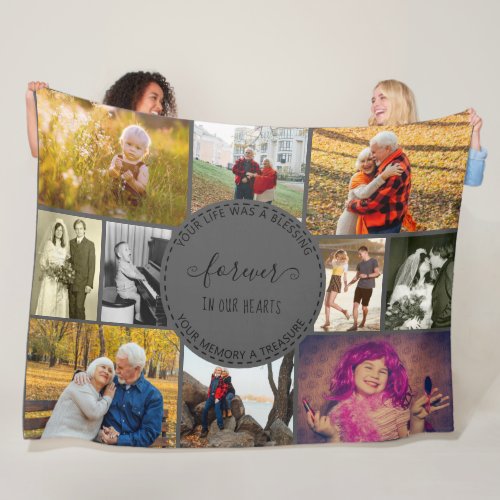 Memorial Photo Collage Forever in our Hearts Grey Fleece Blanket