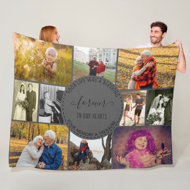 Memorial Photo Collage Forever in our Hearts Grey Fleece Blanket (In Situ)