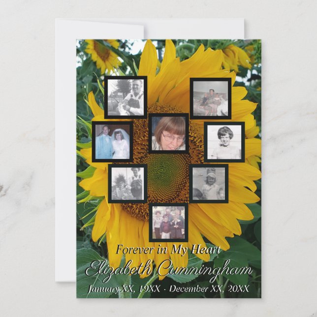 Memorial Photo Collage Heart on Sunflower Photo  Invitation (Front)
