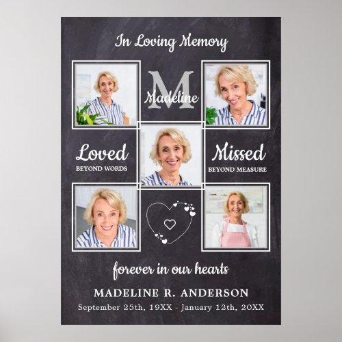 Memorial Photo Collage In Loving Memory Funeral Poster - Honor your loved one with a custom unique memorial funeral poster in a rustic gray chalkboard slate design.  This memorial photo collage poster is the perfect is perfect for a funeral welcome sign or funeral photo display . 
 We hope your memorial in loving memory poster will bring you joy , peace , and happy memories . 
 Quote "In Loving Memory....Loved Beyond Words, Missed Beyond Measure...Forever in our Hearts"
 See 'personalize this template' to change photos, monogram initial, and name, dates .COPYRIGHT © 2020 Judy Burrows, Black Dog Art - All Rights Reserved. Memorial Photo Collage In Loving Memory Funeral Poster