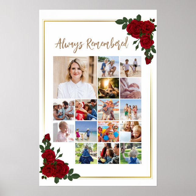 Memorial Photo Collage Red Roses With Golden Frame Poster (Front)