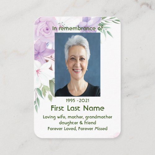 Memorial Photo Custom Purple White Roses Flowers Business Card