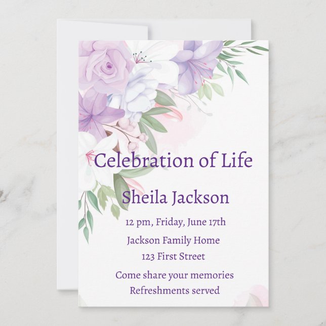 Memorial Photo Custom Purple White Roses Flowers  Invitation (Front)