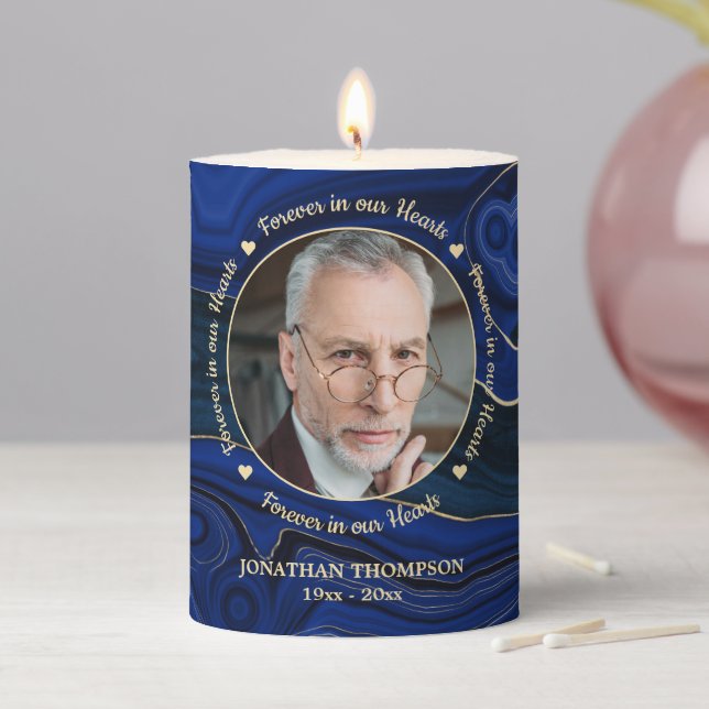 Memorial Photo Elegant Marble Blue Agate Golg Pillar Candle (In Situ)