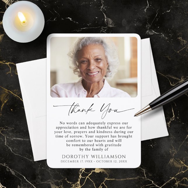 Memorial Photo Elegant Script Thank You Card (Creator Uploaded)