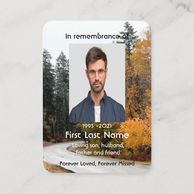 Memorial Photo Fall Road Autumn Leaves Keepsake Business Card (Back)