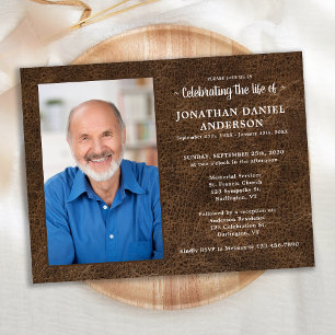 Memorial Photo Faux Leather Celebration Of Life Invitation Postcard