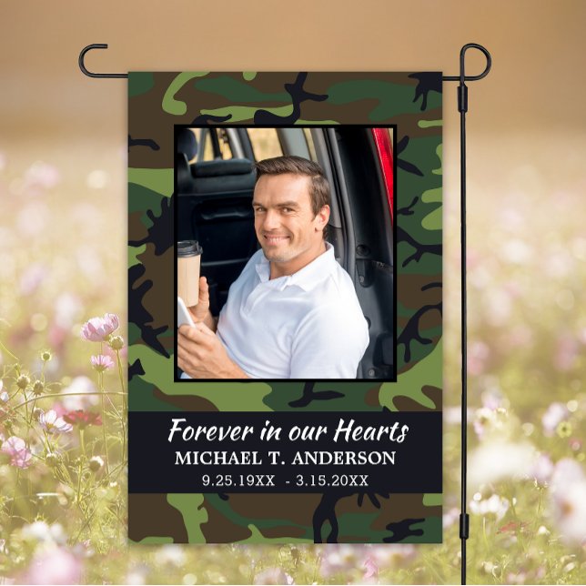 Memorial Photo Forever In Our Hearts Camo Cemetery Garden Flag (Creator Uploaded)