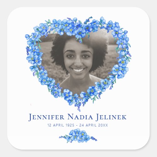 Memorial photo forget_me_nots flower heart wreath square sticker
