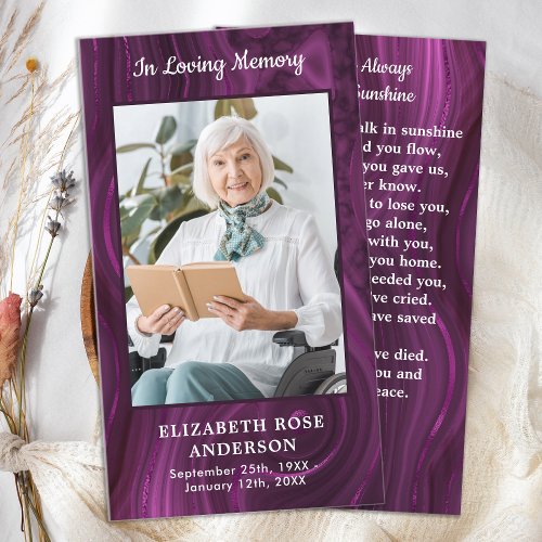 Memorial Photo Funeral Prayer Card Purple Marble 