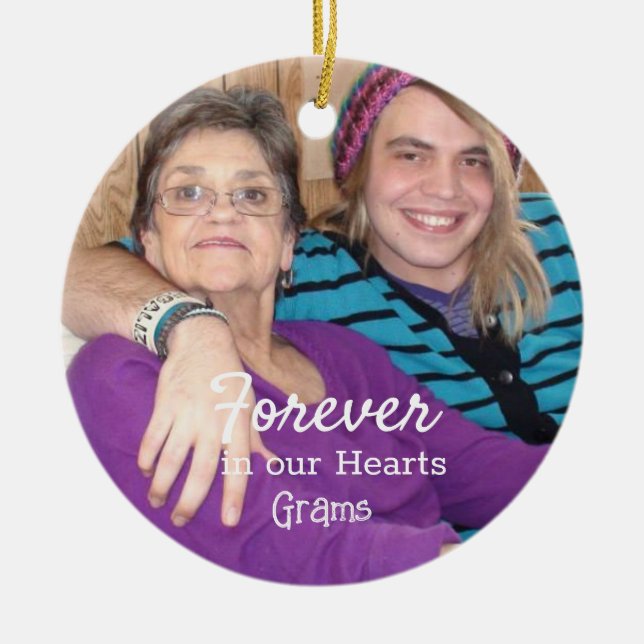 Memorial Photo Gold Snowflakes Christmas Ceramic Ornament (Front)