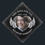 Memorial Photo Graduation Cap Topper<br><div class="desc">Editable black memorial graduation cap topper featuring a heart photo of your lost loved one,  white glitter edges,  angel wings,  the remembrance saying "this one's for you",  their name,  and birth/death dates.</div>