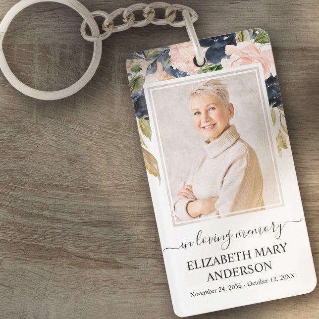 Memorial Photo In Loving Memory Pink Navy Floral Keychain (Creator Uploaded)