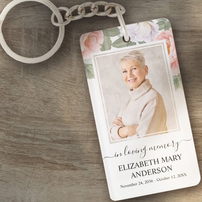 Memorial Photo In Loving Memory Pink White Floral Keychain (Creator Uploaded)