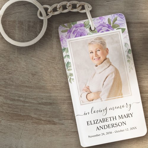Memorial Photo In Loving Memory Purple Floral Keychain
