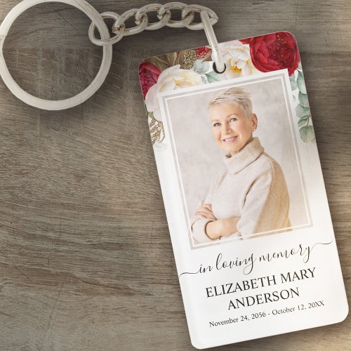 Memorial Photo In Loving Memory Red White Floral Keychain
