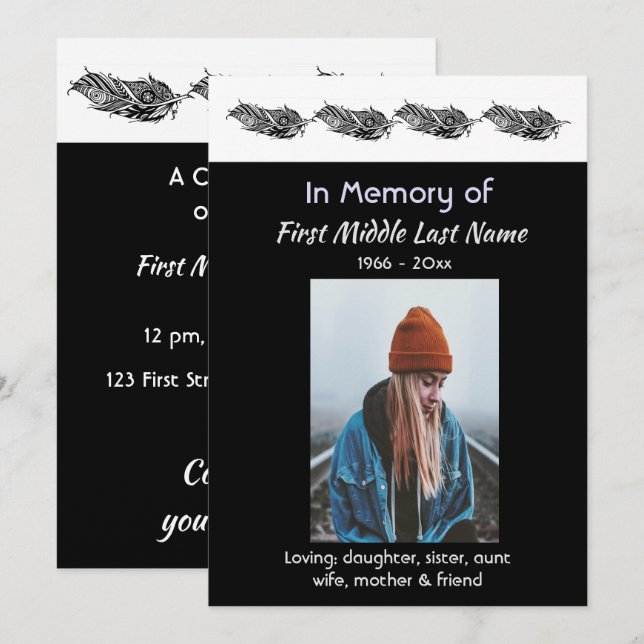 Memorial Photo Invite Graphic Art Feather Tribal (Front/Back)