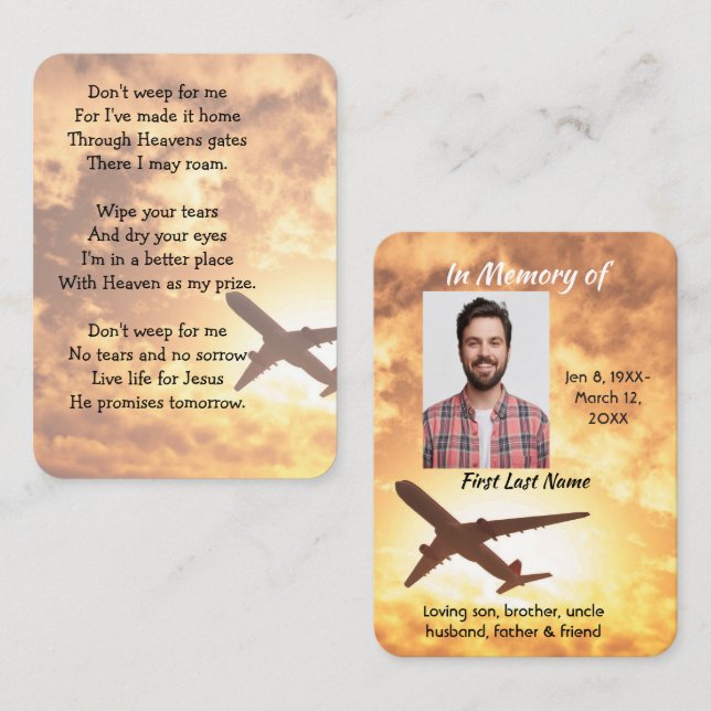 Memorial Photo Keepsake Airplane Pilot Business Card (Front/Back)