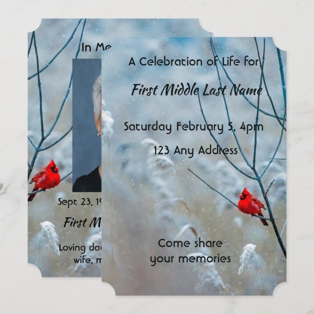 Memorial Photo Keepsake Cardinal Red Bird  Invitation (Front/Back)