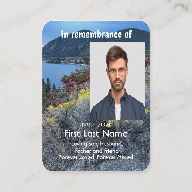 Memorial Photo Keepsake Mountain Lake Flowers Business Card (Back)