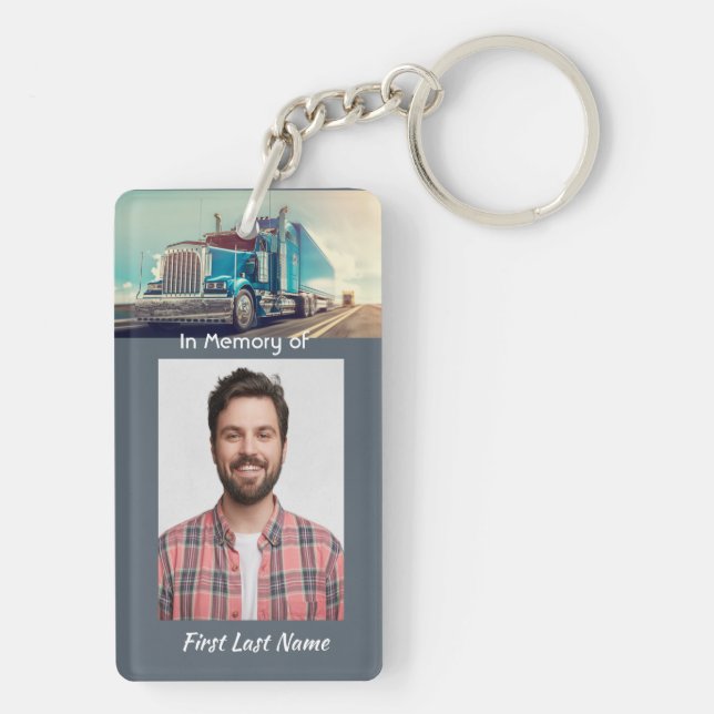 Memorial Photo Keepsake Semi Truck Tractor Trailer Keychain (Back)