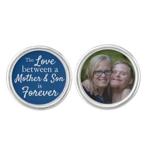 Memorial Photo Mother Son Forever Groom Navy Blue Cufflinks