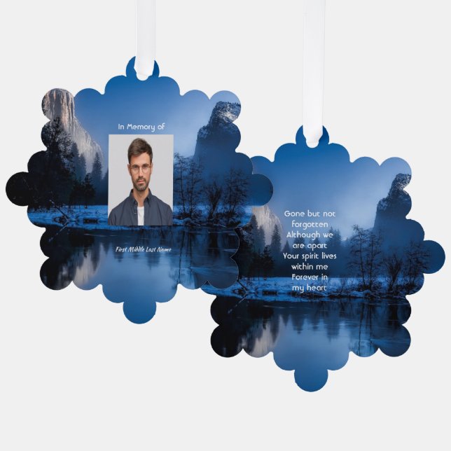Memorial Photo Mountain Lake Winter Snow Ornament Card (Front/Back)