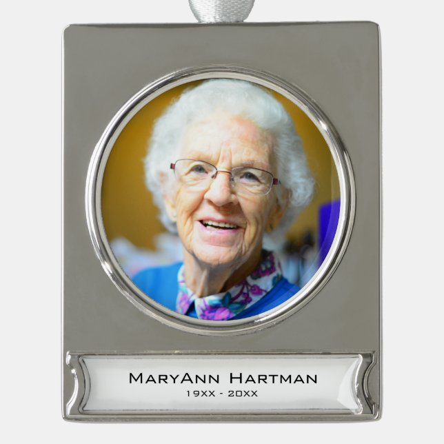 Memorial Photo Personalized Silver Plated Banner Ornament (Front)
