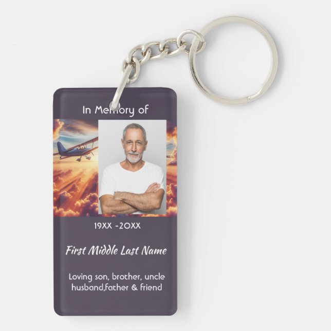 Memorial Photo Pilot Airplane Flying Sunset Keychain (Back)