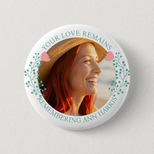 Memorial Photo Pink and Teal Flowers Button