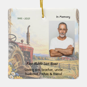 Memorial Photo Prayer Card for a Farmer Rancher Ceramic Ornament