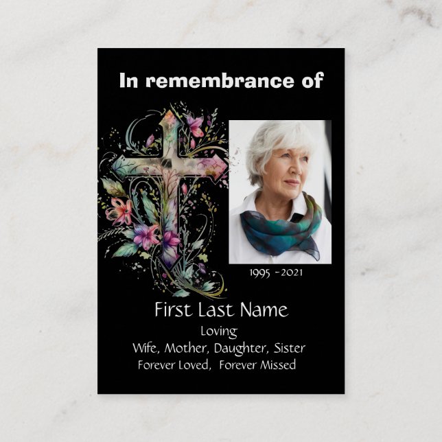 Memorial Photo Prayer Christian Cross Business Card (Back)