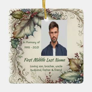 Memorial Photo Prayer Classic Christmas Holly Ceramic Ornament