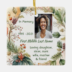 Memorial Photo Prayer Classic Christmas Holly Ceramic Ornament