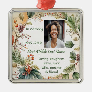 Memorial Photo Prayer Classic Christmas Holly Metal Ornament