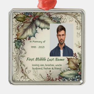 Memorial Photo Prayer Classic Christmas Holly Metal Ornament