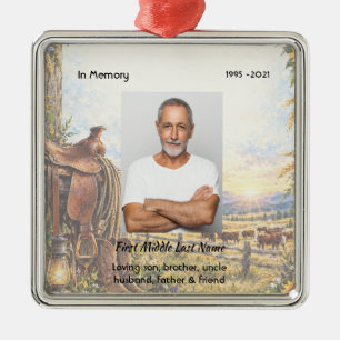 Memorial Photo Prayer Cowboy Farmer Rancher Metal Ornament