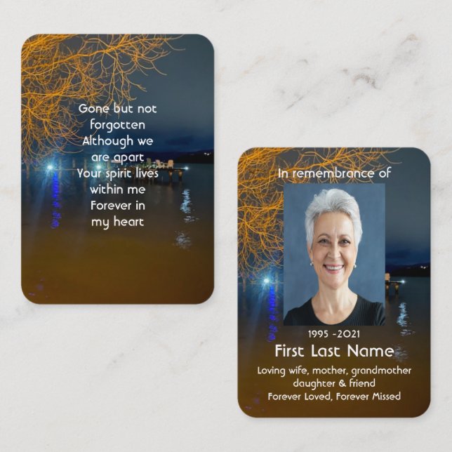 Memorial Photo Prayer Dawn Morning Lake Beach Dock Business Card (Front/Back)