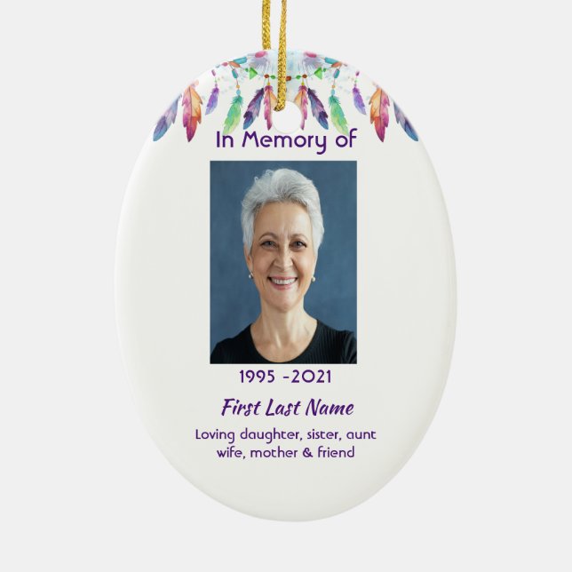 Memorial Photo Prayer Feathers Boho Tribal Native Ceramic Ornament (Back)