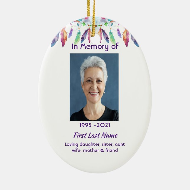 Memorial Photo Prayer Feathers Boho Tribal Native Ceramic Ornament (Back)