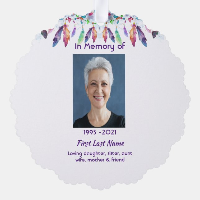 Memorial Photo Prayer Feathers Boho Tribal Native Ornament Card (Back)