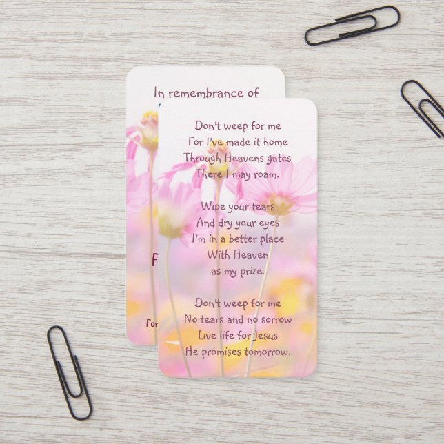 Memorial Photo Prayer Garden Flowers Christian Business Card (Front/Back In Situ)