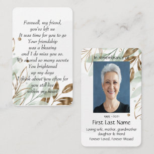 Memorial Photo Prayer Gold Farewell My Friend Business Card