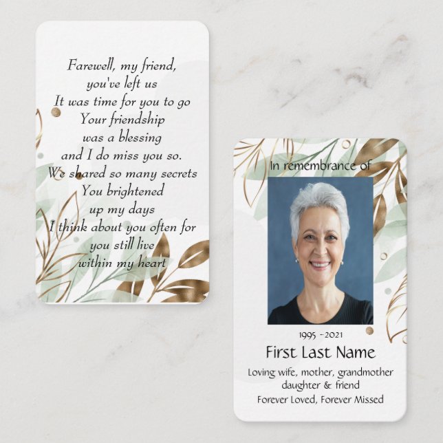 Memorial Photo Prayer Gold Farewell My Friend Business Card (Front/Back)