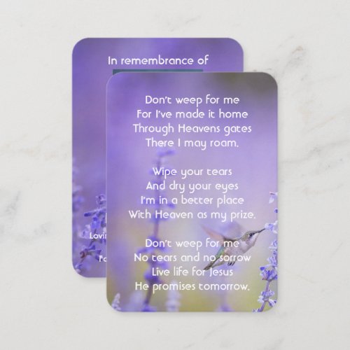 Memorial Photo Prayer Lavender Hummingbird  Business Card